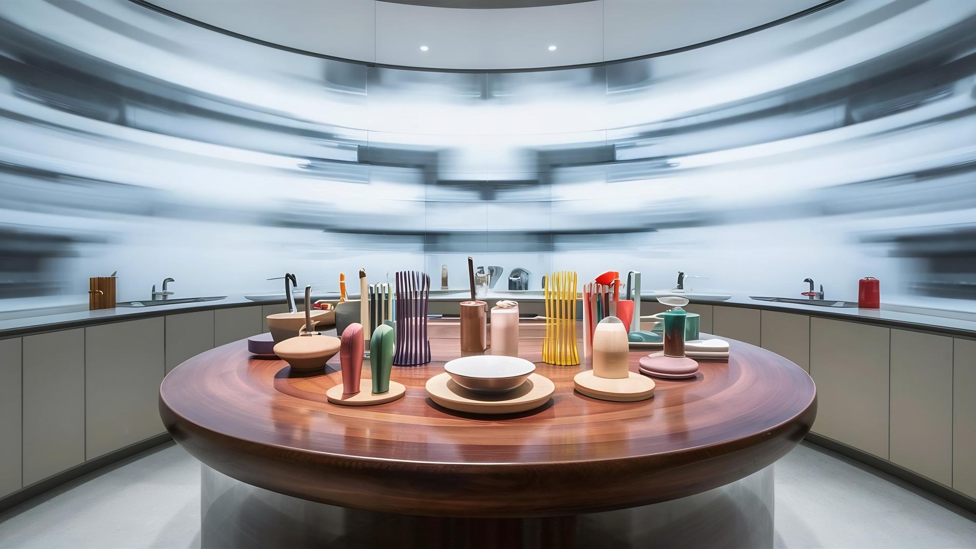 studio counter with tools and plated tasting portions