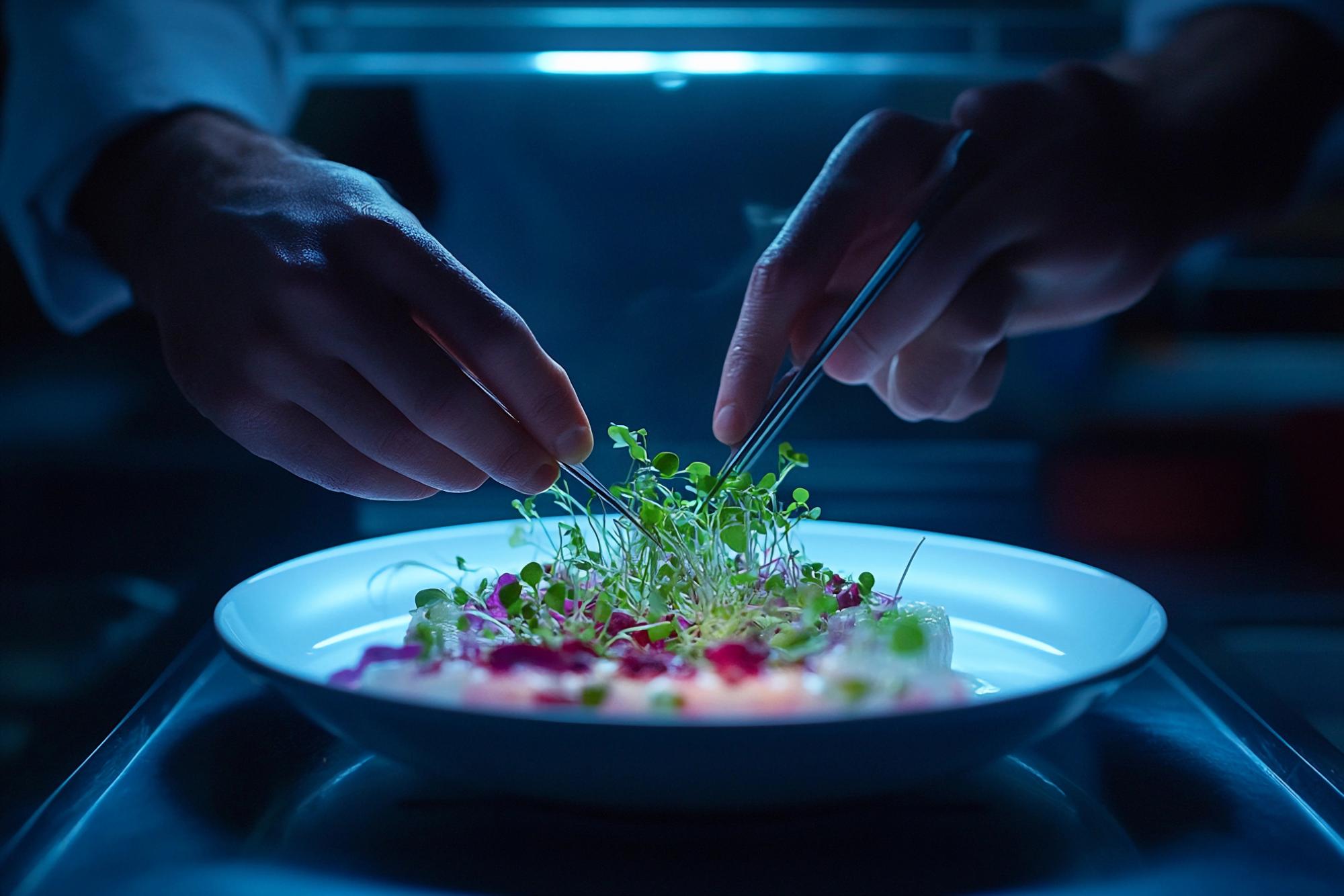 modern chef plating a neon-lit dish on metallic plate